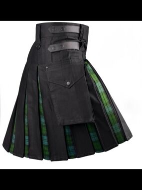 New Mens Black Utility Kilt Skirt with Green Tartan Panels
